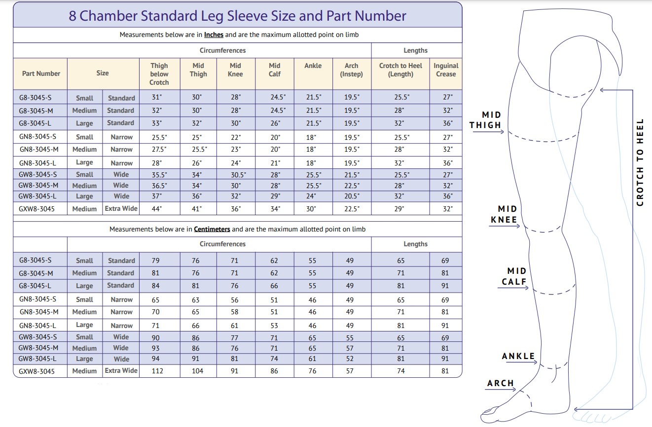 8 Chamber Leg Sizes