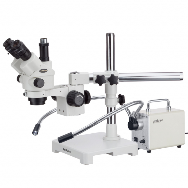 AmScope 3.5X-90X Boom Stand Trinocular Zoom Stereo Microscope with a Fiber-Optic LED Illuminator and 1.3MP Camera