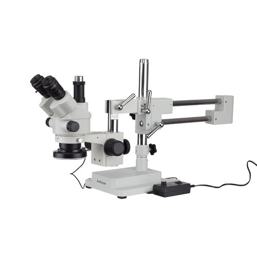AmScope 7X-45X Black Trinocular Stereo Zoom Microscope on Single Arm Boom Stand 144 LED Ring-Light with 18MP USB3.0 Camera 